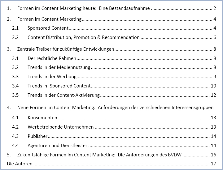 Inhaltsverzeichnis BVDW-Whitepaper: Neue Formen im Content Marketing