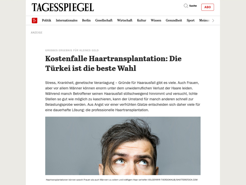 Best Case Online-Advertorial by Airmotion Media: Haartransplantation @tagesspiegel.de