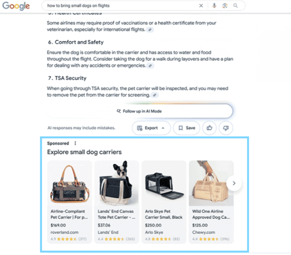 Beispiel für Google KI-Treffer mit Werbeeinblendungen – Airmotion Media